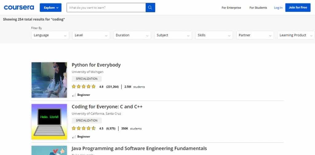 קורסי תכנות ברמה אקדמית של Coursera