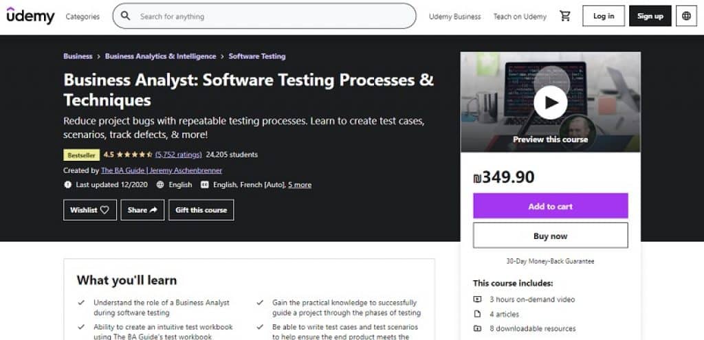 קורס אנליסט עסקי: תהליכים וטכניקות של בדיקות תוכנה ב-Udemy