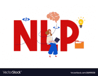 אותיות NLP באדום על רקע לבן עם איש יושב עליהן וסמלים של נורה ומוח