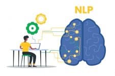 איש יושב ליד מחשב ולידו מוח אנושי עם כיתוב של NLP