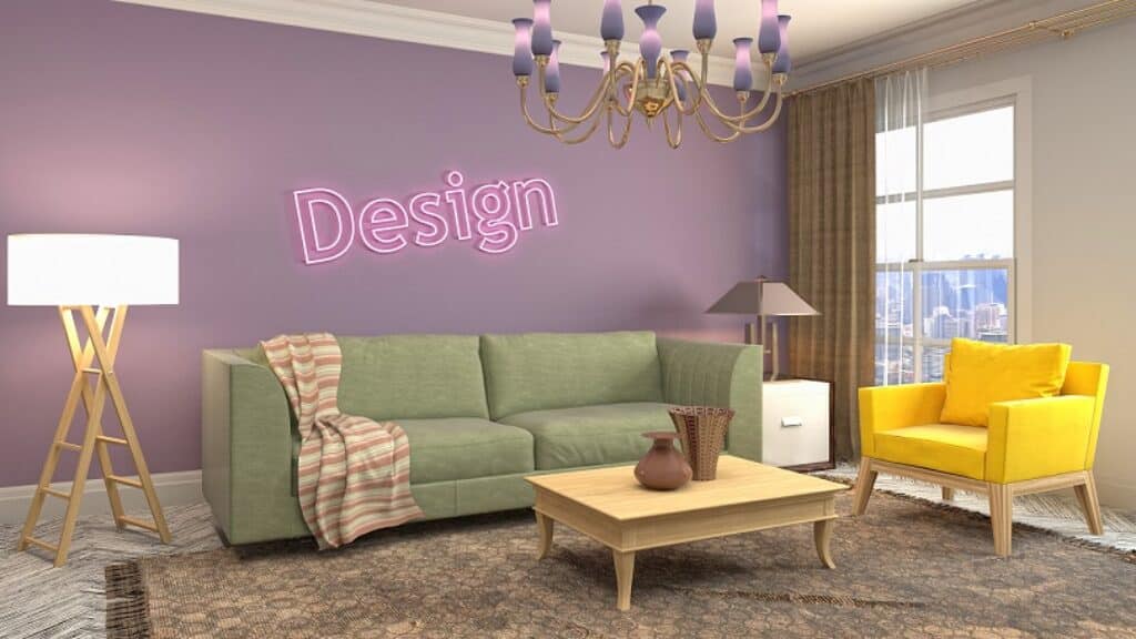 סלון עם ספה וקיר סגול שעליו שלט עם המילה עיצוב באנגלית