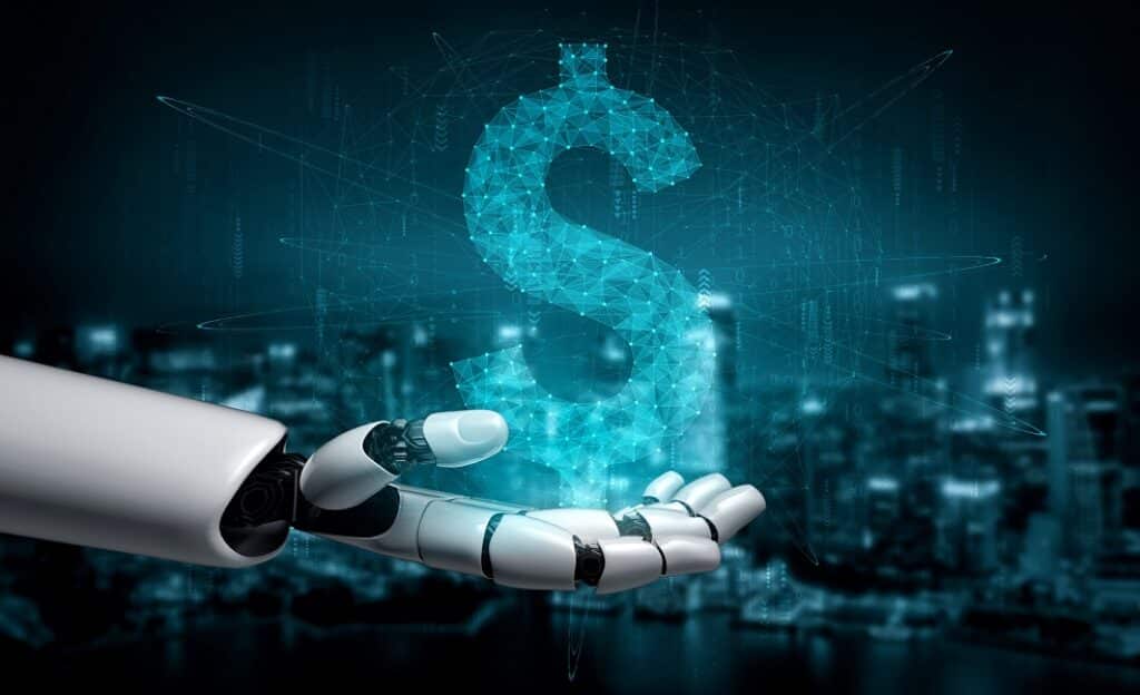 יד רובוטית מחזיקה סימן של דולר עשוי מחוטי תקשורת רקע כחול