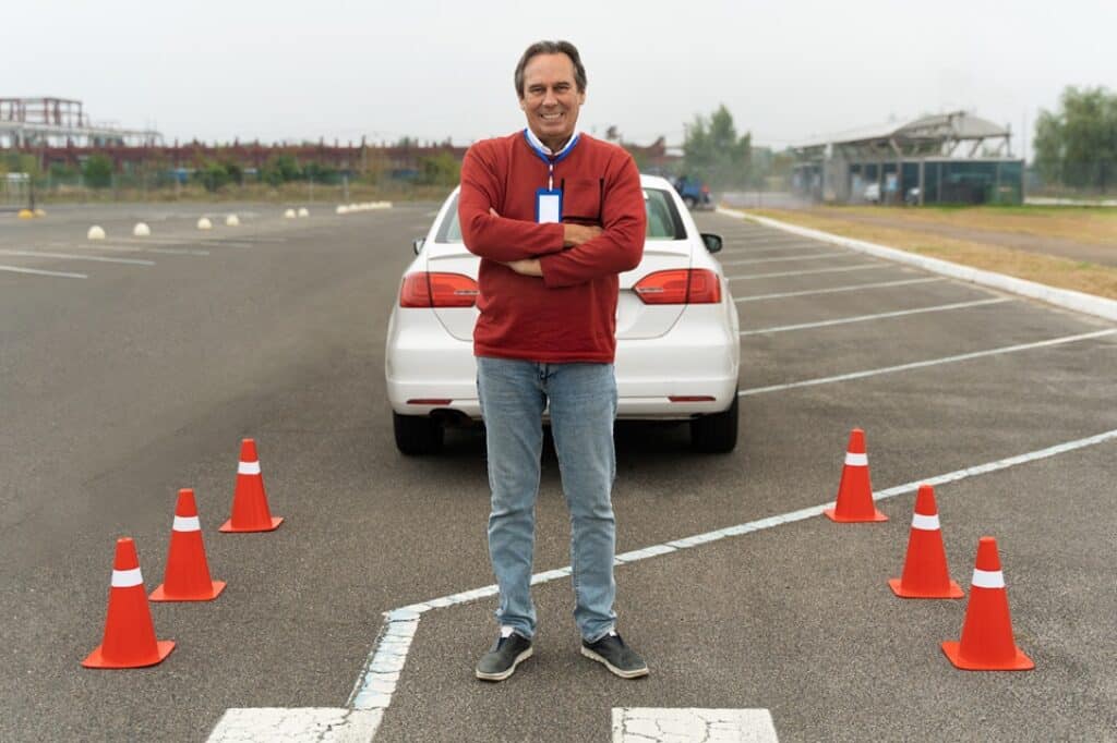 מורה לנהיגה עומד על הכביש ומחייך ומאחור מכונית ללימודי נהיגה