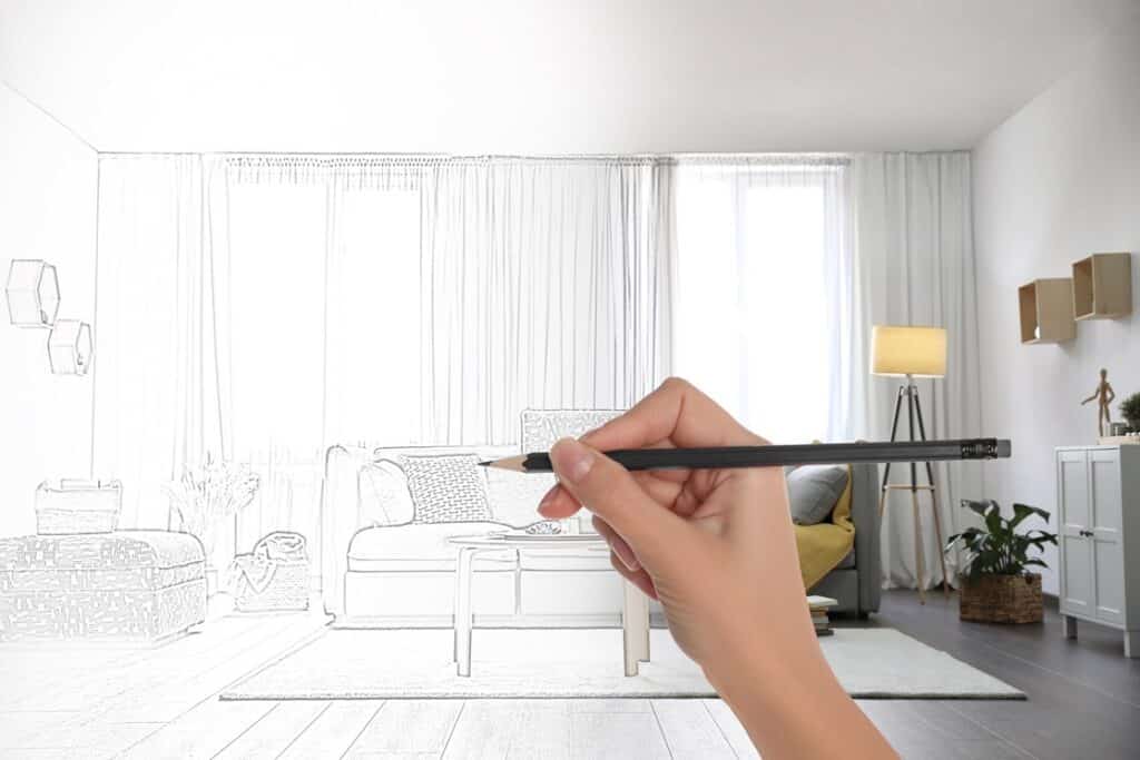יד של אישה מחזיקה עפרון מעל תמונה חצי ריאליסטית וחצי משורטטת שלסלון
