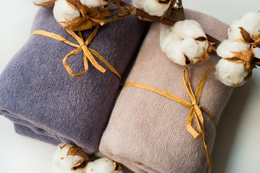 שתי מגבות קשורות בסרט צהוב ומעליהן ענף של צמח כותנה רקע לבן