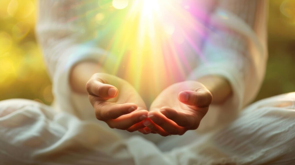 דמות לבושה לבן יושבת ומושיטה ידיים בתפילה ומעליה כדור אור צבעוני