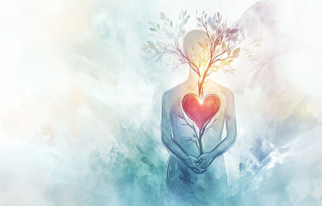 דמות מצויירת מחזיקה שתיל עם לב אדום מואר וצומח רק לבן וכחול