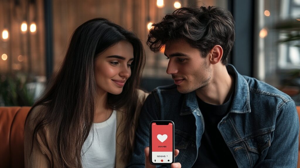 בחור ובחורה מחזיקים סמארטפון עם אפליקציית היכרויות מחייכים