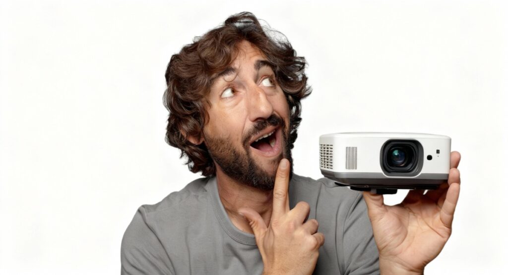 בחור בחולצה אפורה מחזיק מקרן נייד וחושב רקע לבן