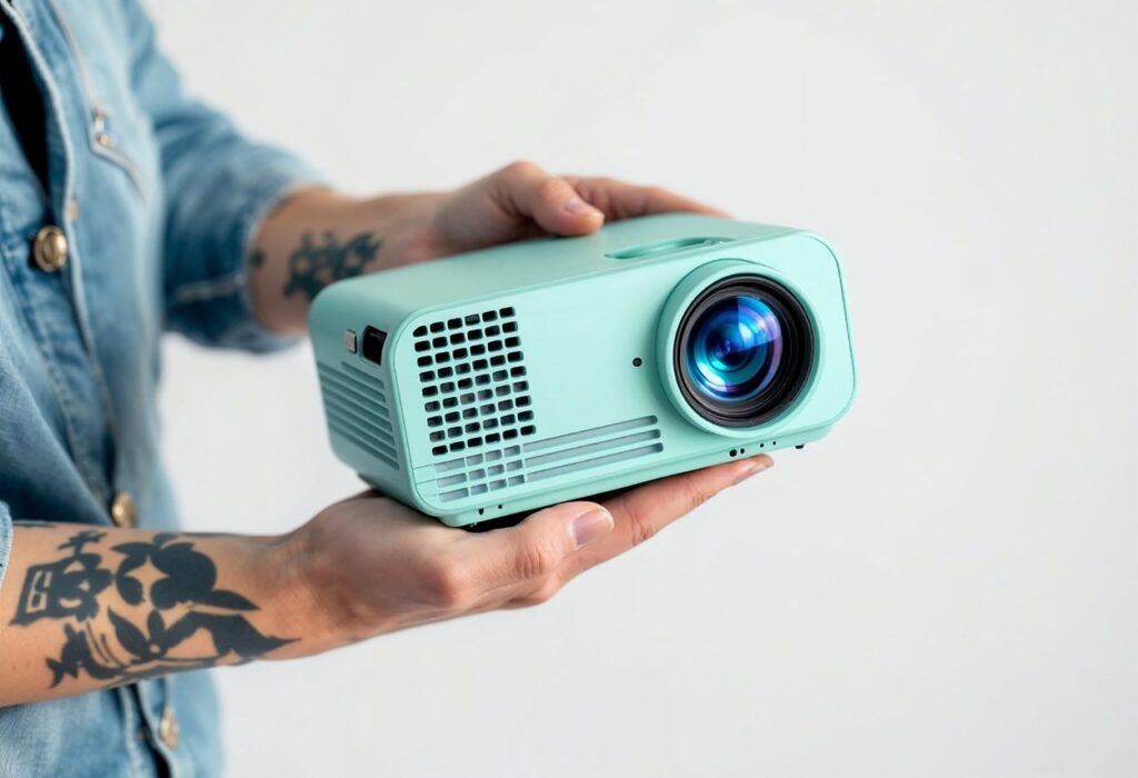 ידיים מחזיקות מקרן נייד בצבע תכלת רקע לבן