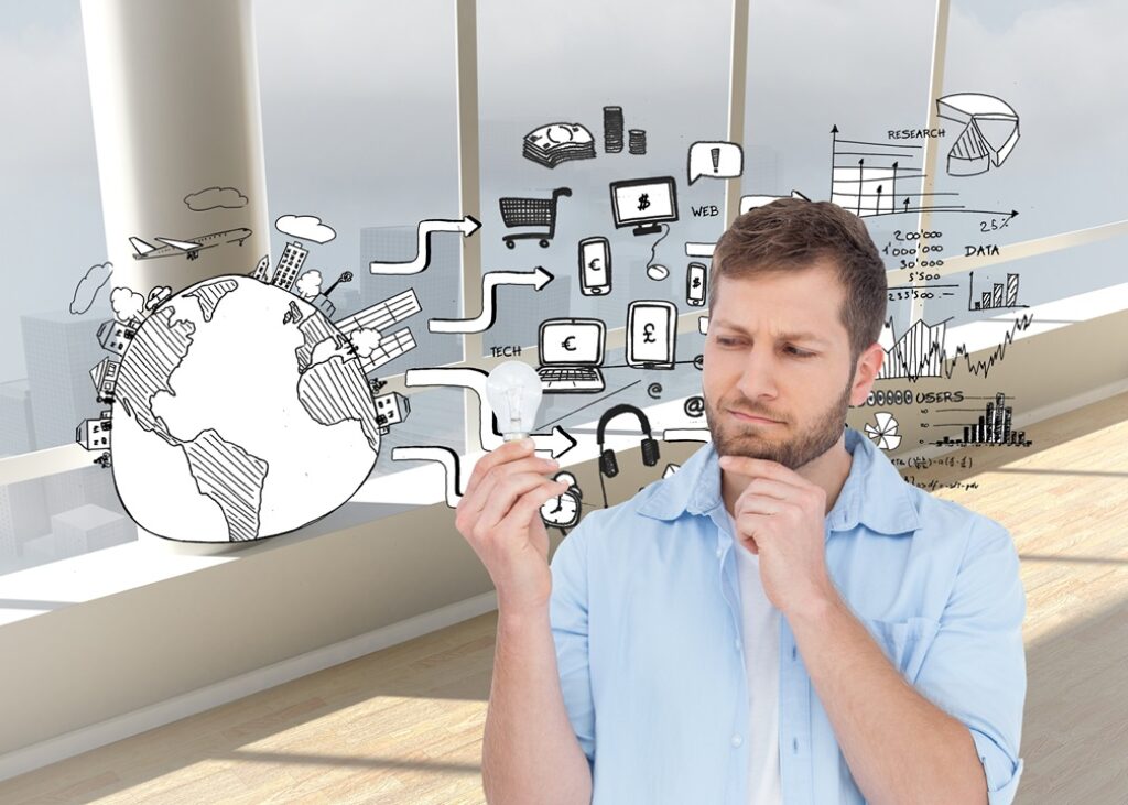 בחור בחולצה מכופתרת תכלת חושב מחזיק נורה וברקע סמלים שונים בשחור לבן